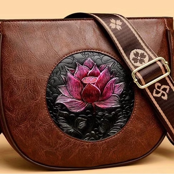 Handbags - Brown Leather Floral Embossed Crossbody Bag